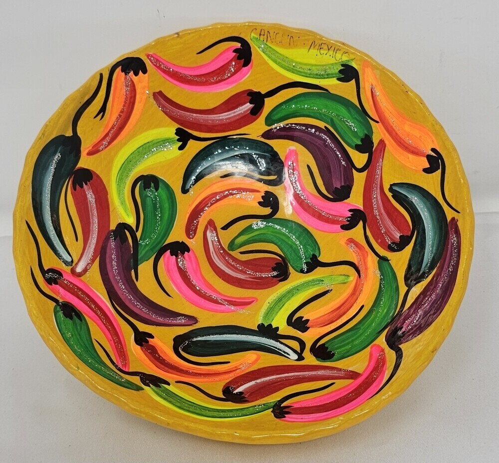Mexican Folk Art Pottery Footed Bowl Hand Painted Dish Chili Pepper Motif Bright - Picture 1 of 10